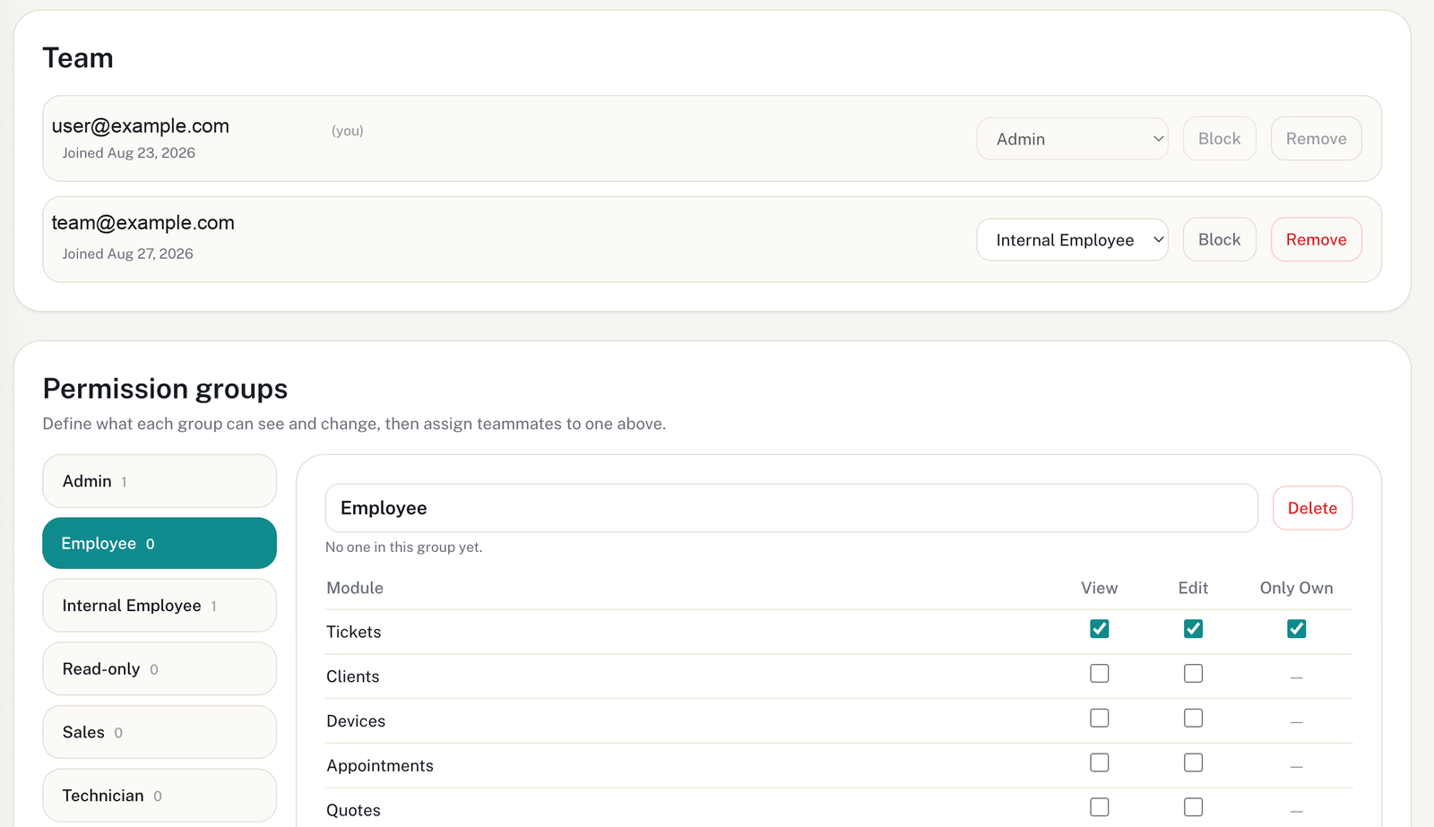 Team and permissions management