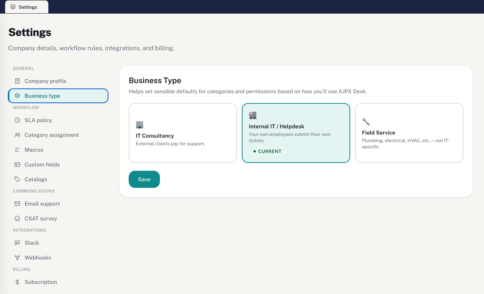 Settings panel
